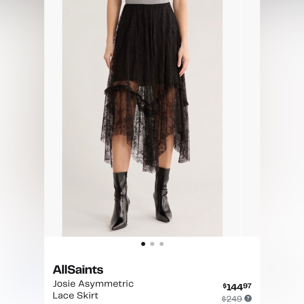 AllSaints Black Asymmetric Lace Tiered Midi Skirt